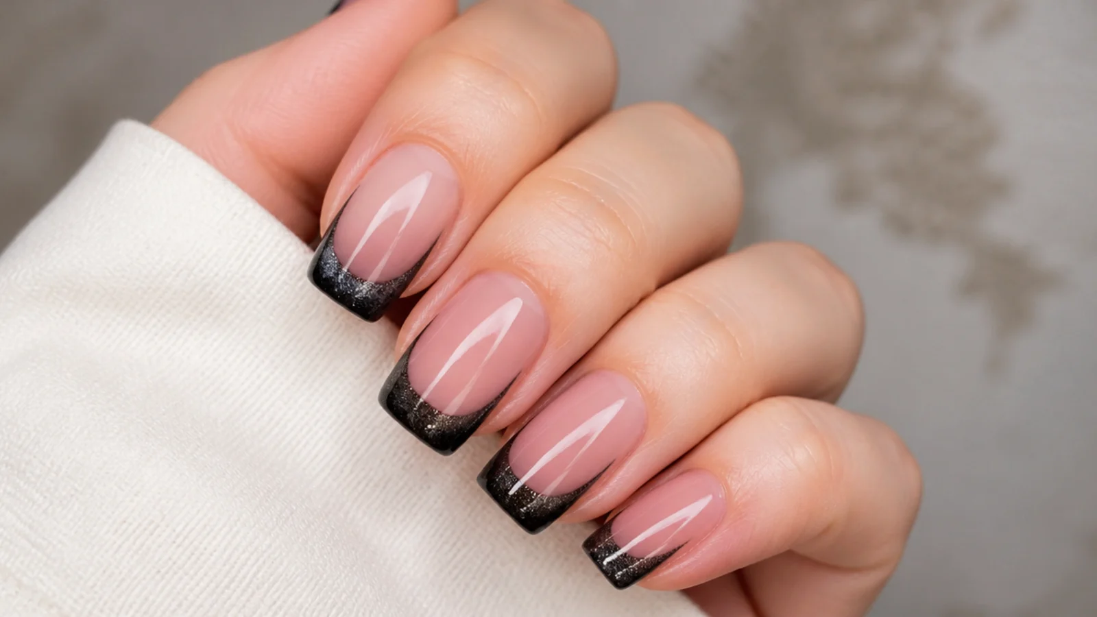 Square nails with a nude base and a glossy black magnetic cat eye tip