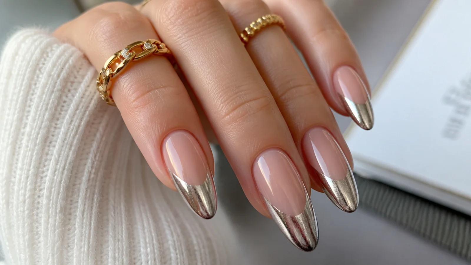Almond nails with a nude base and a highly reflective silver chrome cat eye tip