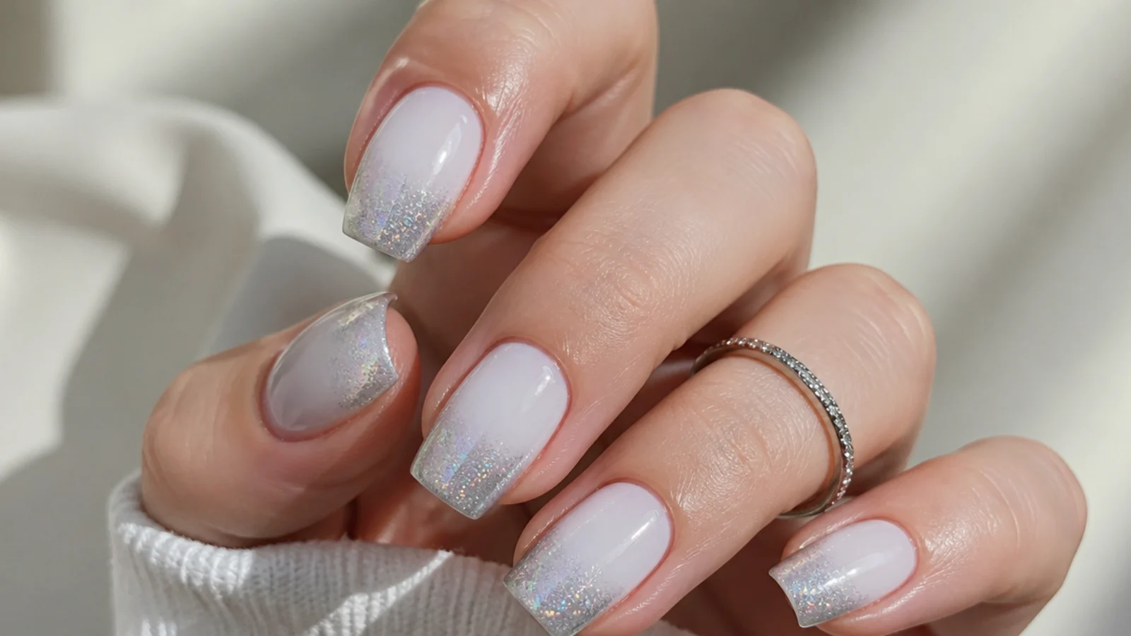 Square nails with a cool white base and an icy holographic silver cat eye tip