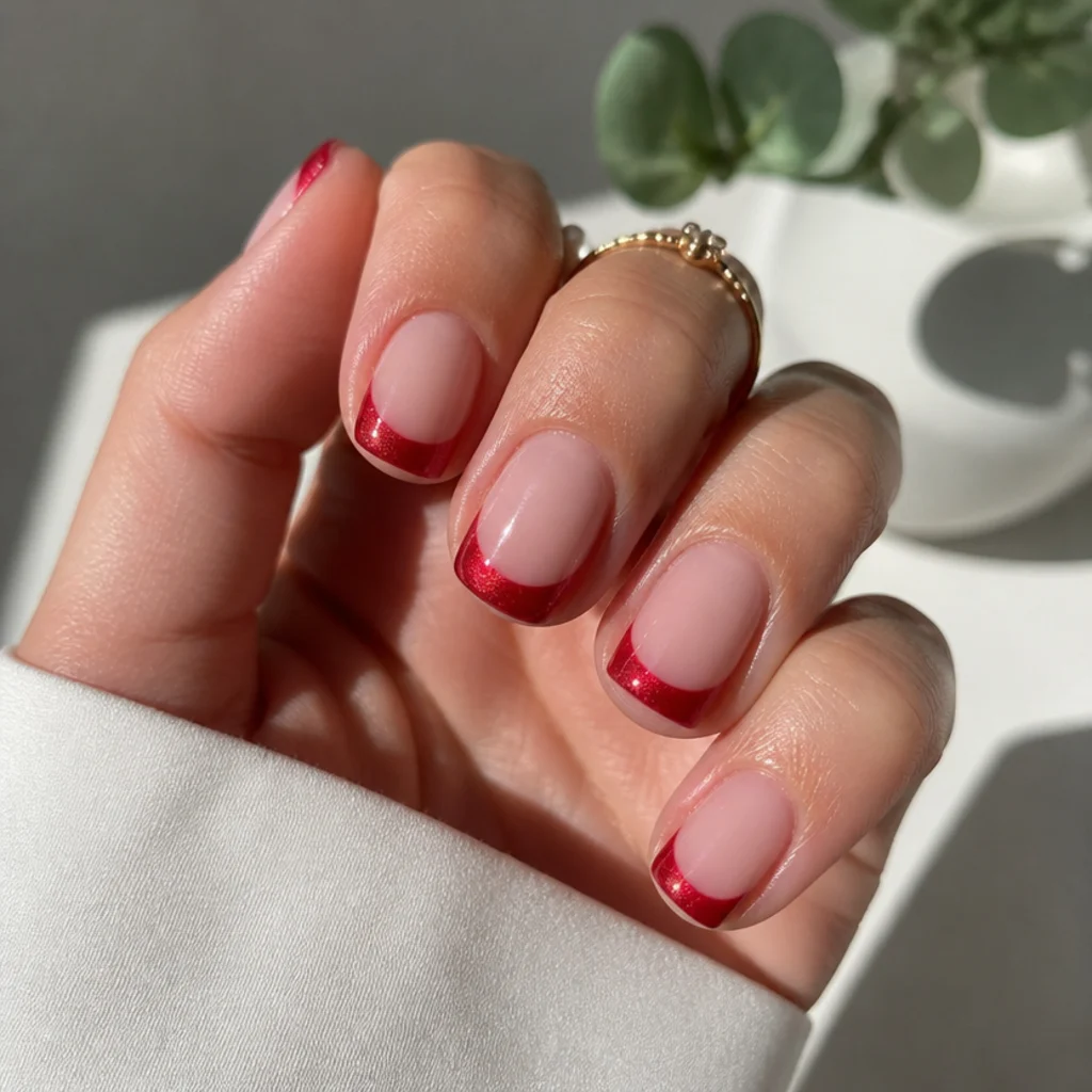 Short square nails with a nude base and a bright cherry red magnetic cat eye tip