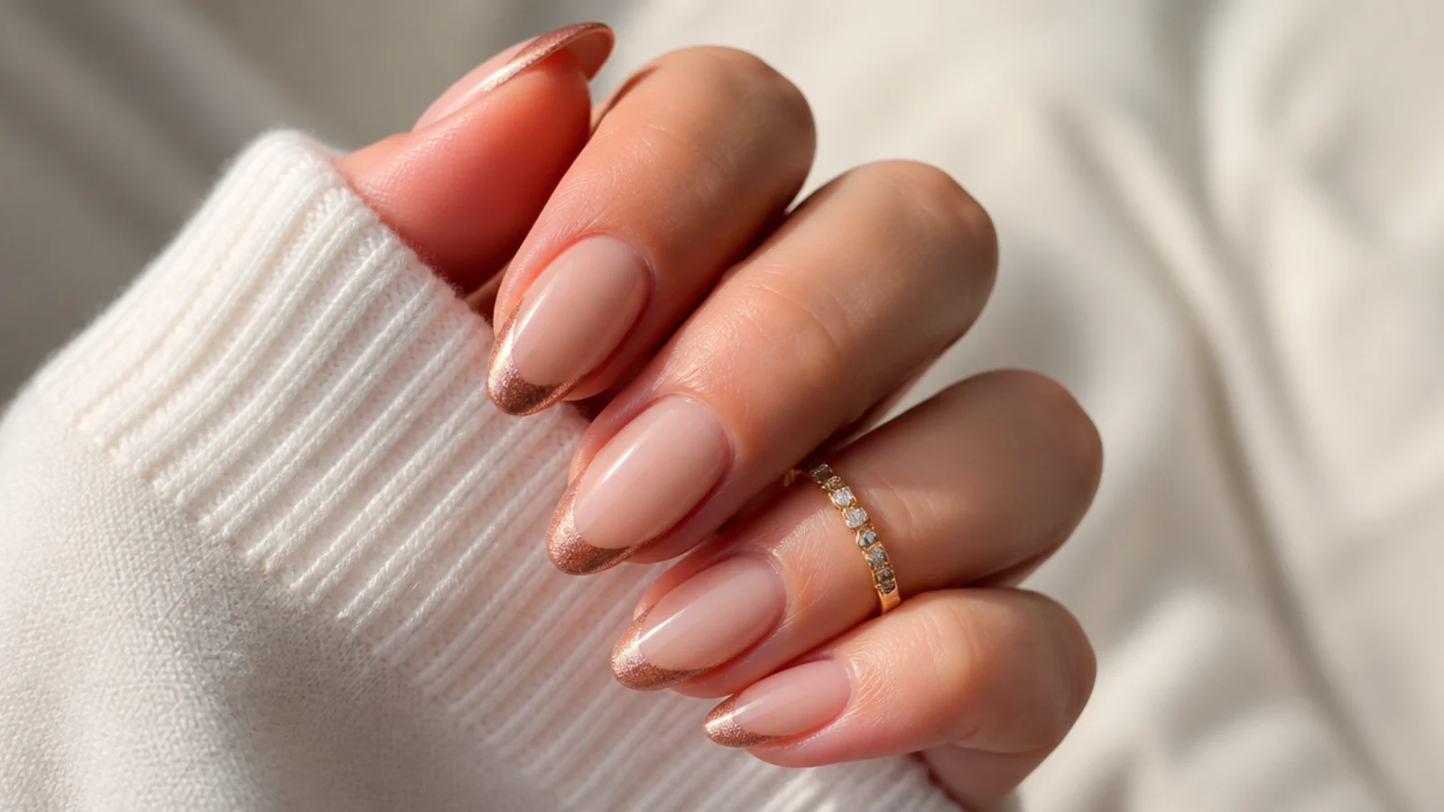 Almond nails with a nude base and a warm champagne gold chrome cat eye tip