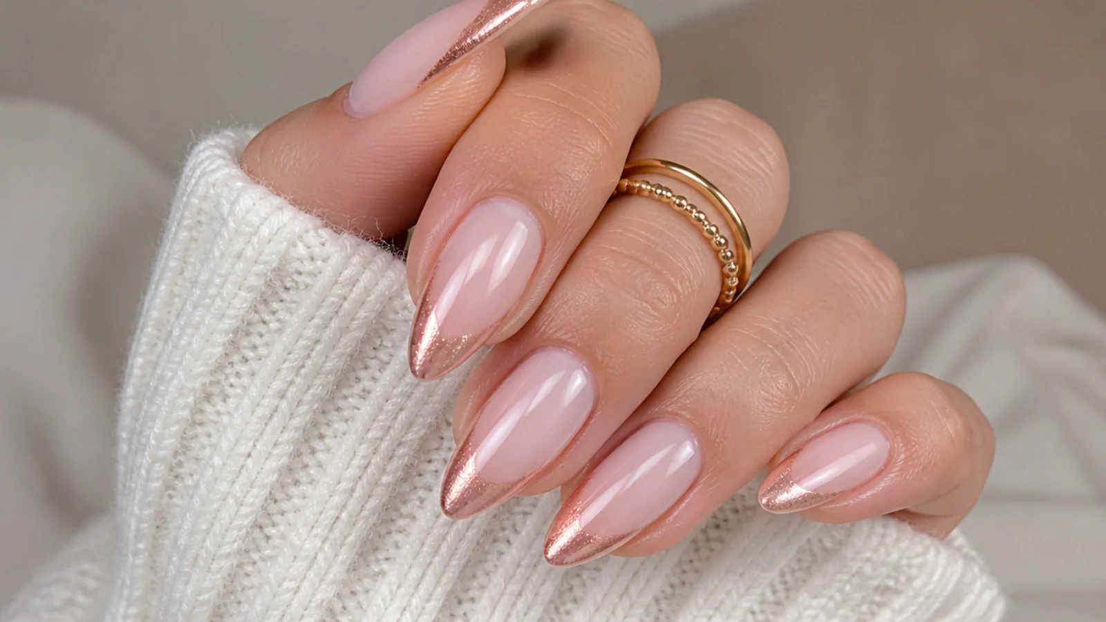 Almond nails with a milky base and a warm rose gold chrome cat eye tip