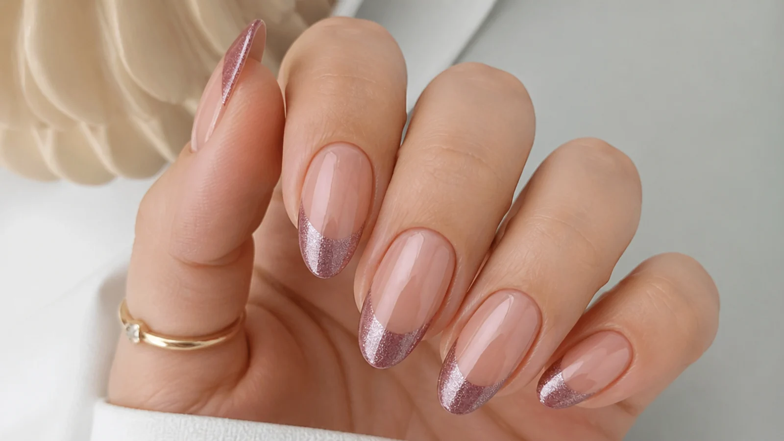 Almond nails with a nude base and a dusty mauve pink magnetic cat eye tip