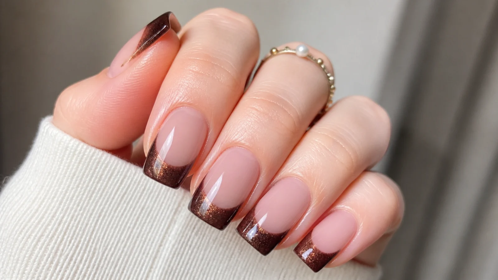 Square nails with a nude base and a deep chocolate brown magnetic cat eye tip