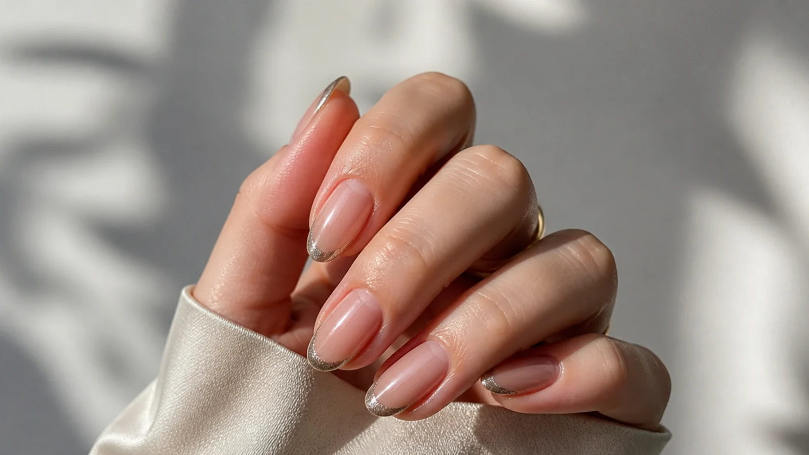 Short almond nails with a nude base and a very thin micro silver magnetic cat eye tip