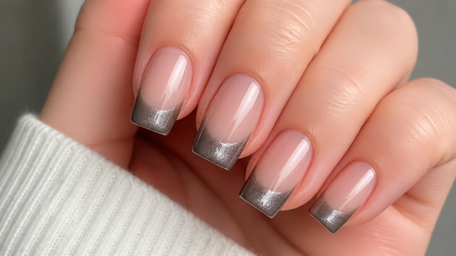 Square nails with a nude base and a soft pewter gray magnetic cat eye tip