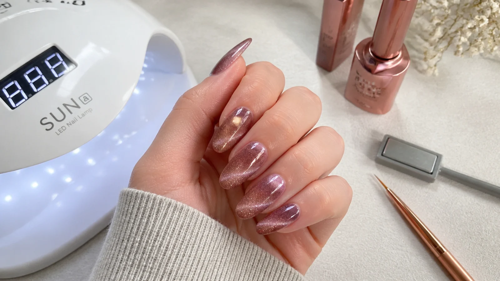 Home setup with magnetic cat eye gel, a magnet, a liner brush and an LED lamp mid-manicure