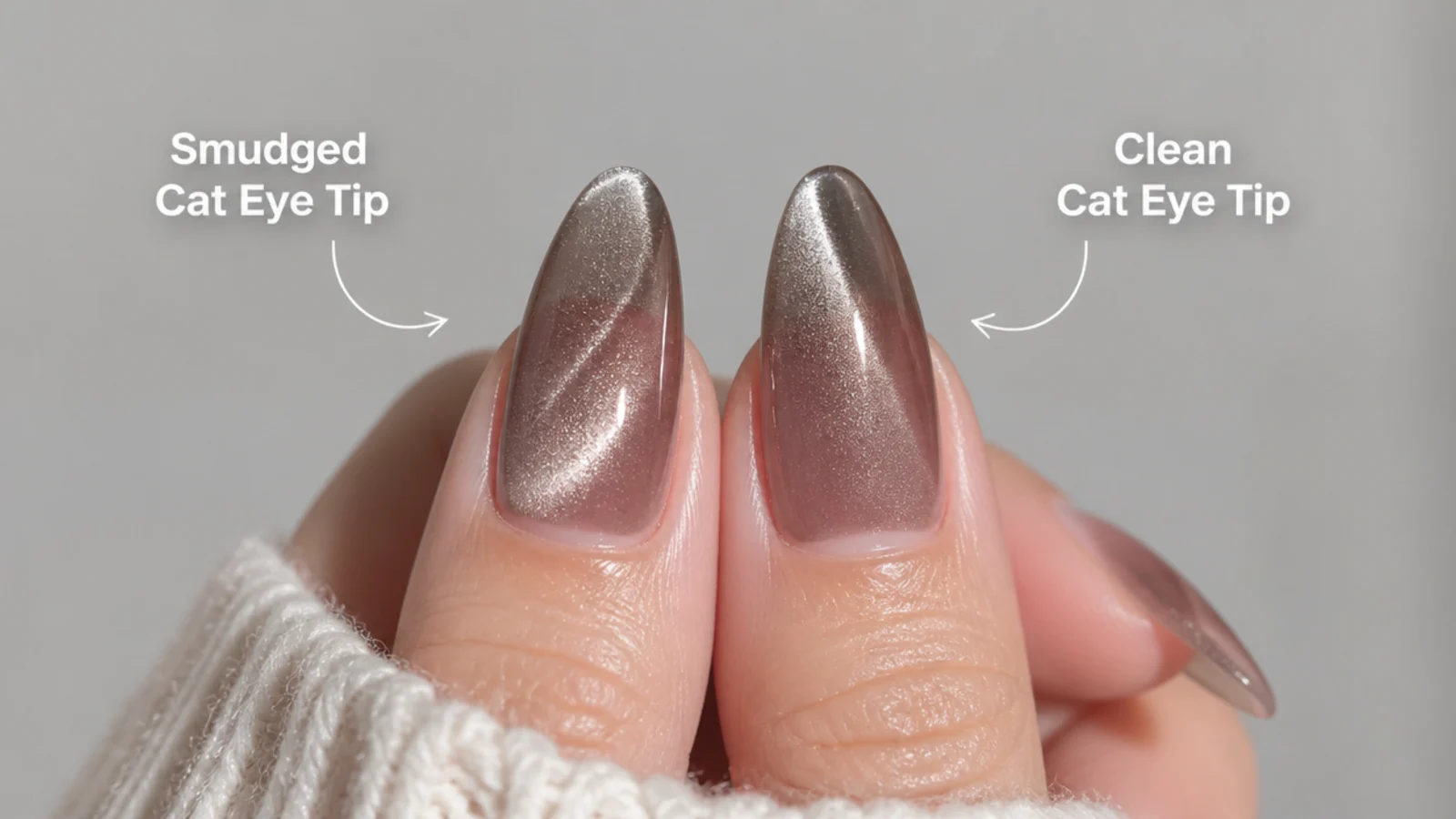 A smudged uneven cat eye tip beside a clean sharp cat eye tip for comparison