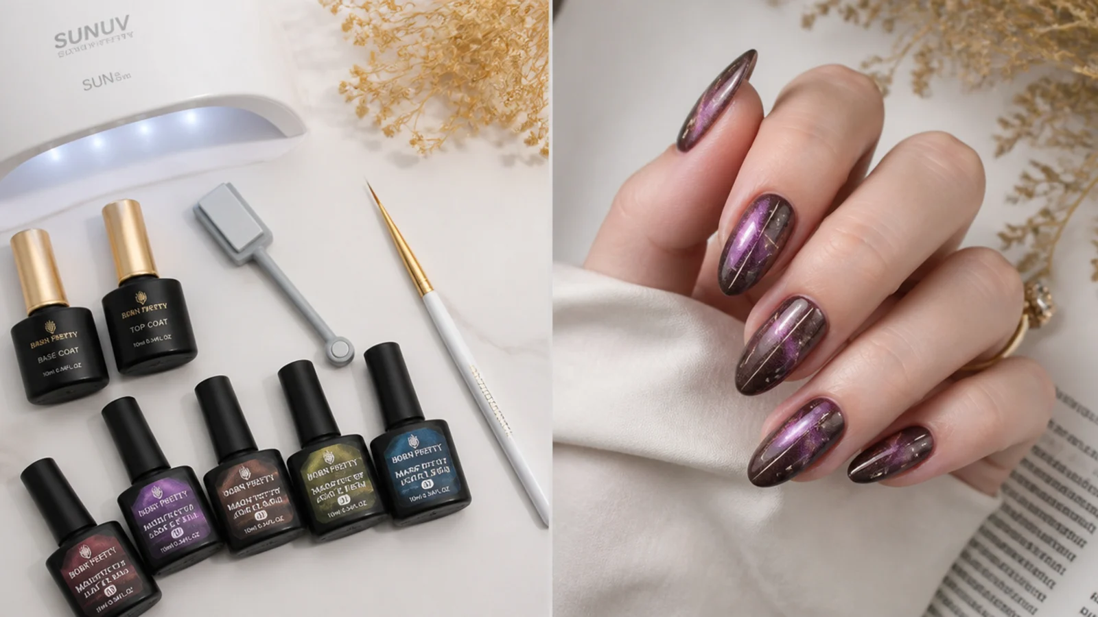 Flat lay of magnetic cat eye gels, a magnet, base and top coat, a liner brush and an LED lamp