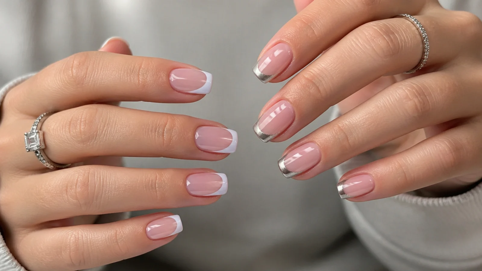A flat white classic french tip beside a silver magnetic cat eye french tip with a light stripe