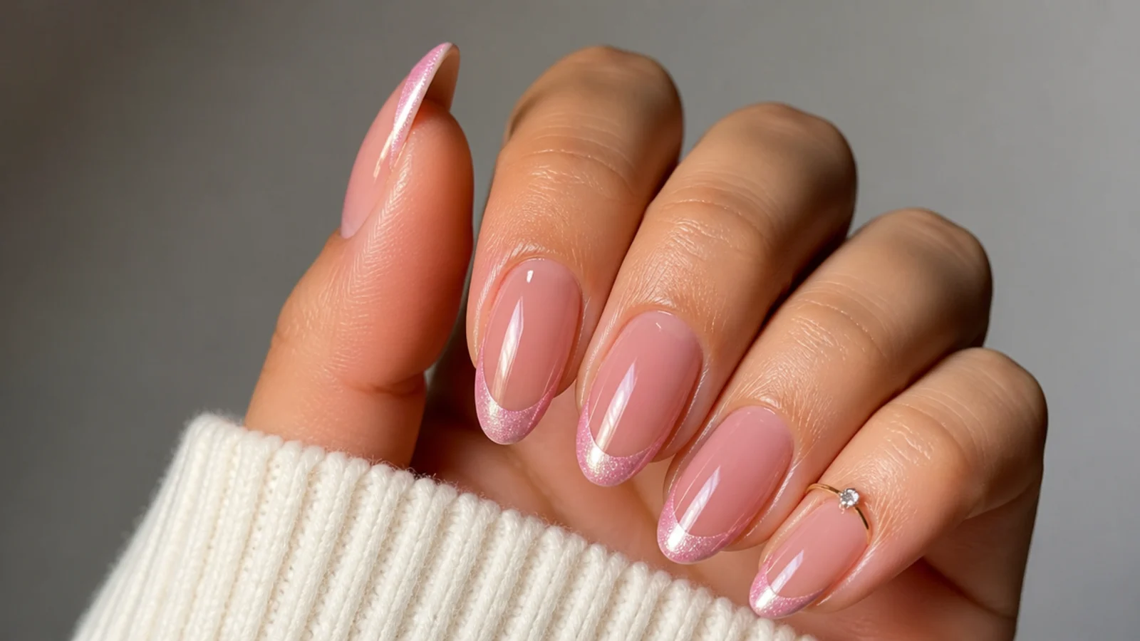 Soft pink magnetic cat eye french tip nails on a sheer nude base