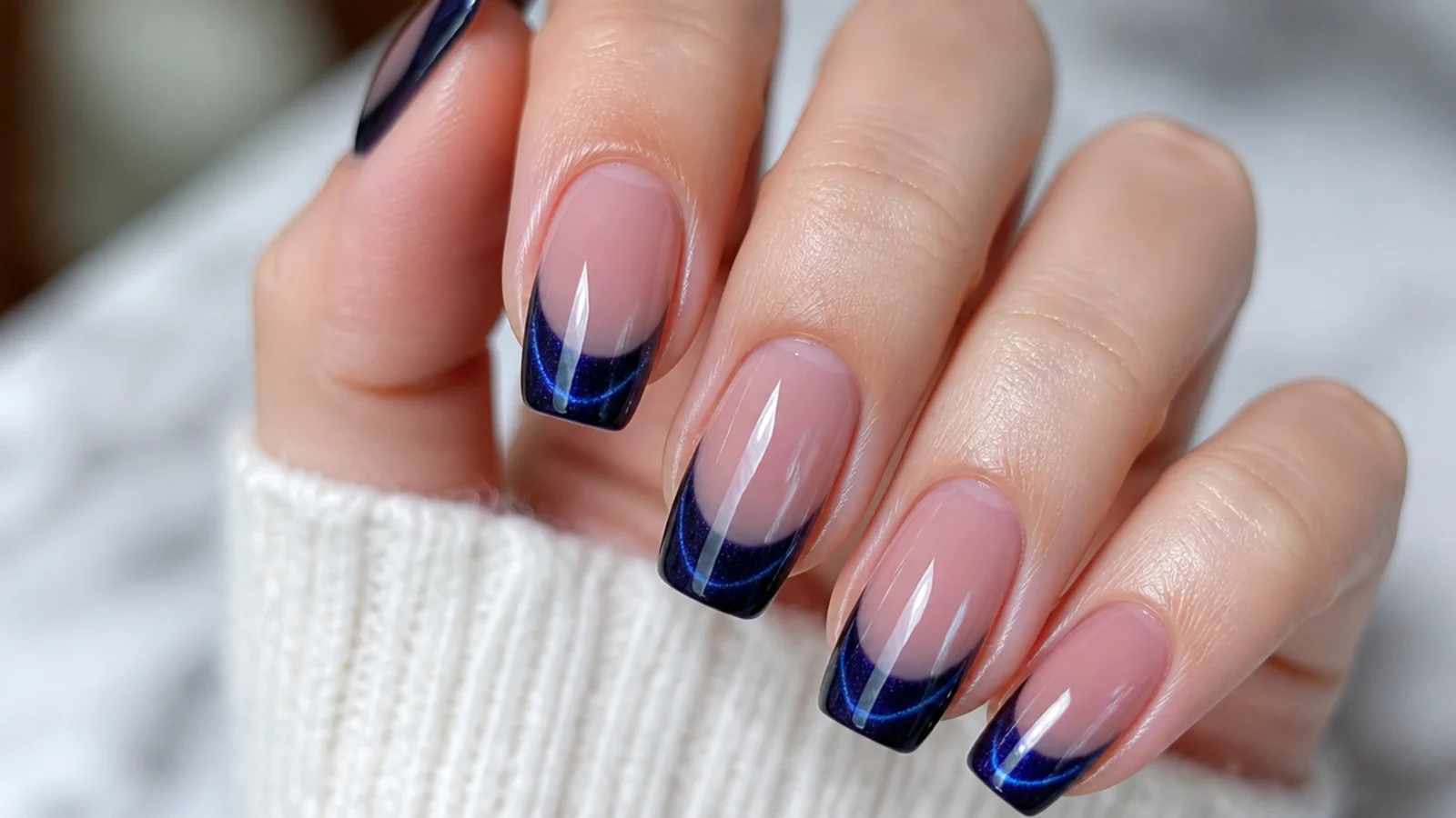 Deep navy blue magnetic cat eye french tip nails with a bright light stripe