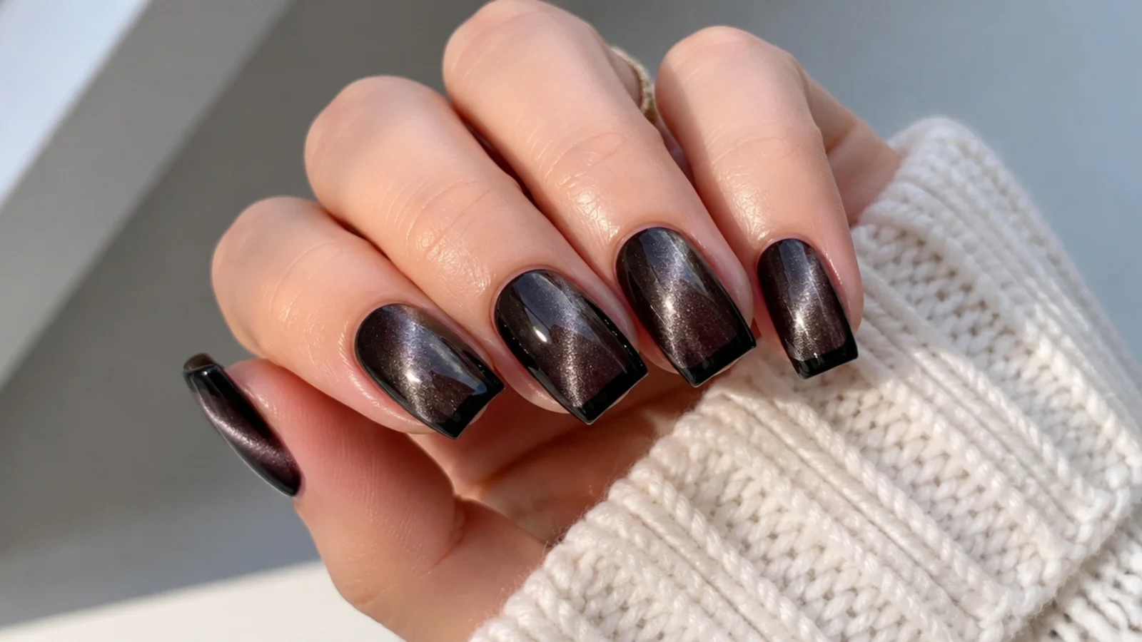 Glossy black magnetic cat eye french tip nails with a silver light streak