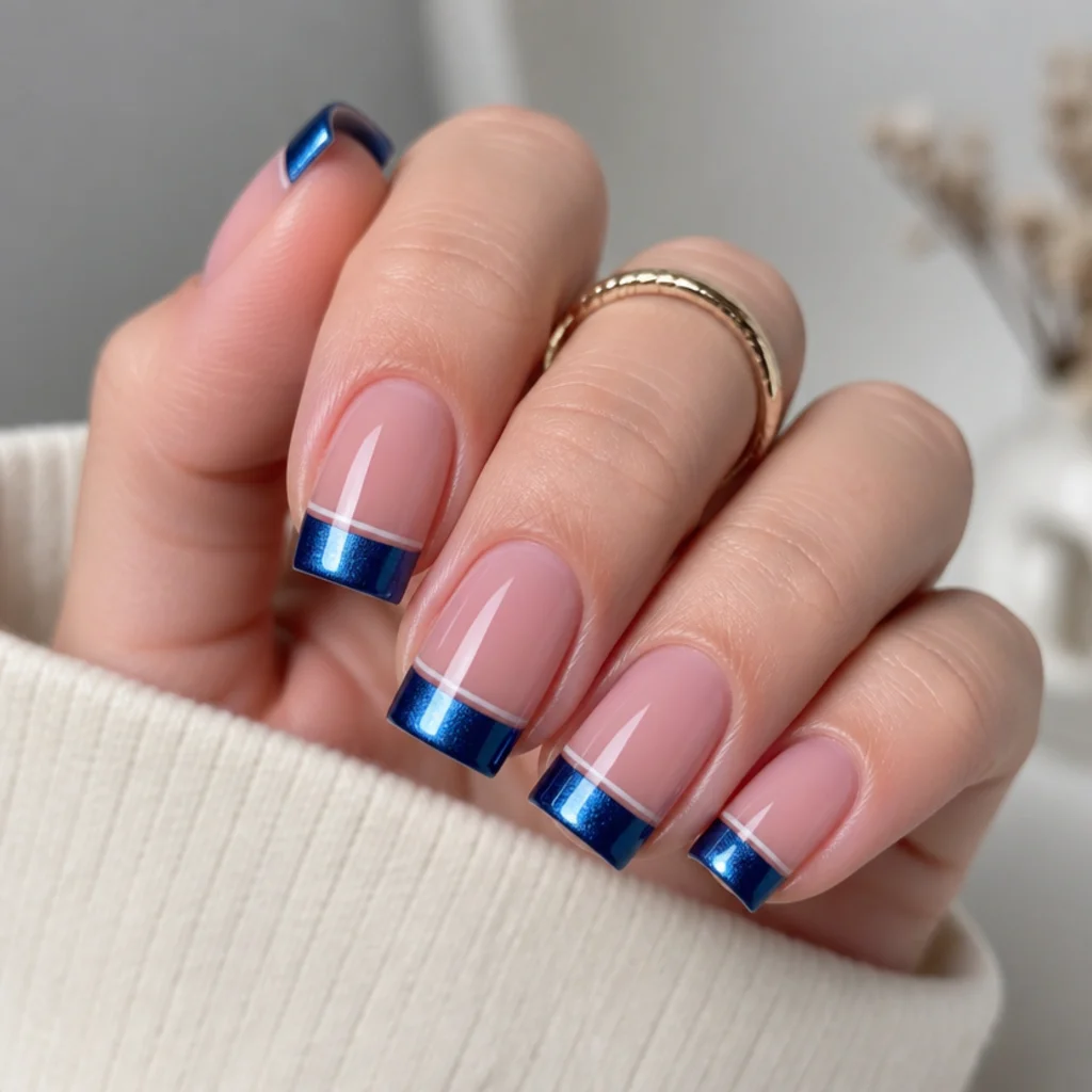 Square nails with a sapphire blue magnetic cat eye french tip and straight light line