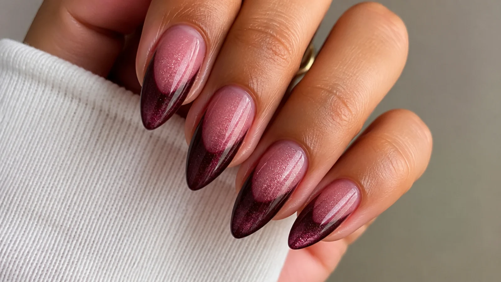 Deep wine burgundy magnetic cat eye french tip nails on almond shape