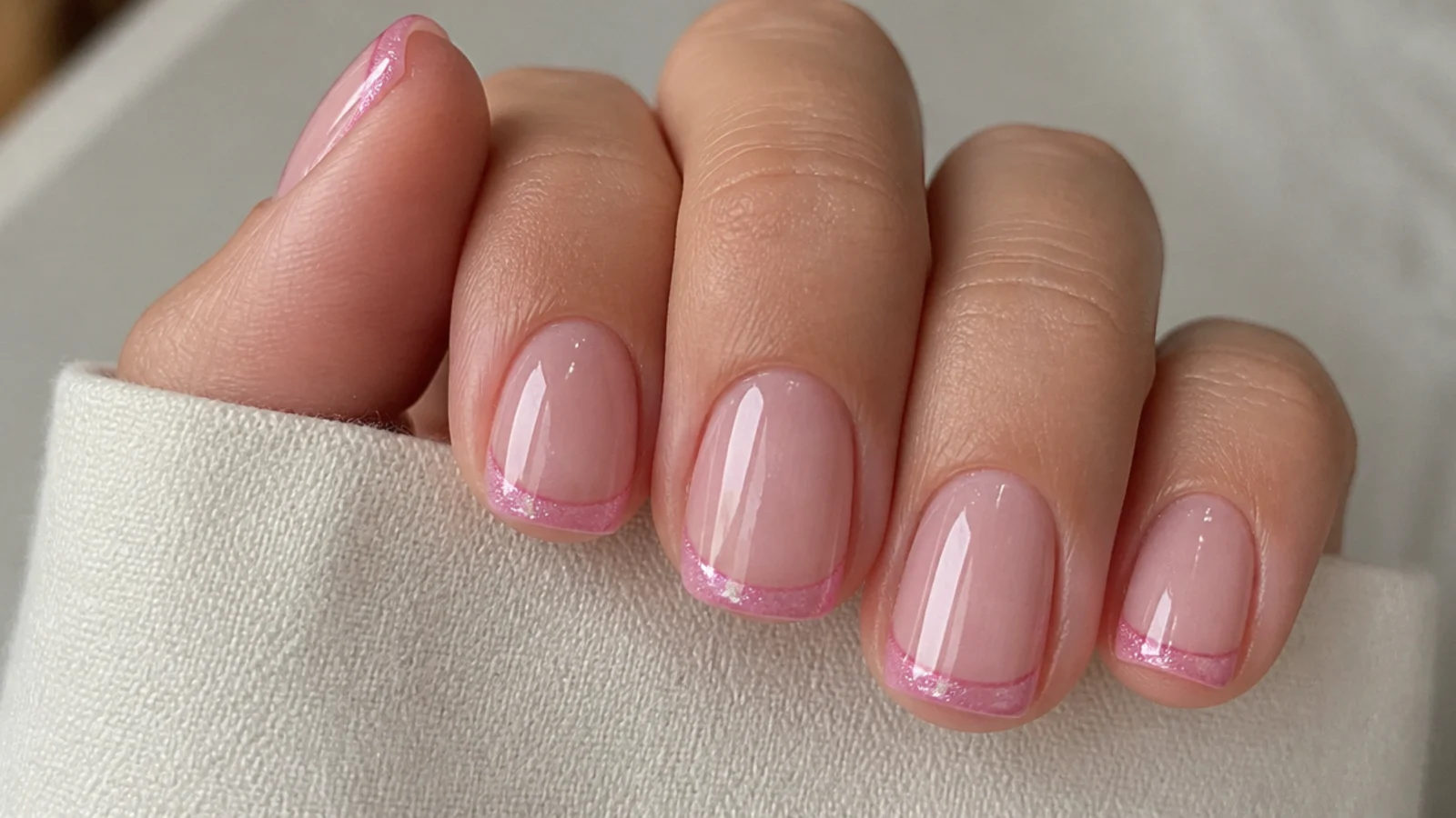 Short nails with a thin bubblegum pink magnetic cat eye french micro tip