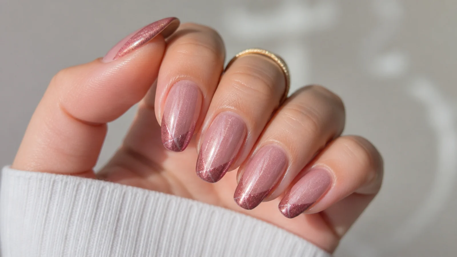 Diagonal magnetic cat eye french tip nails with a slanted light stripe