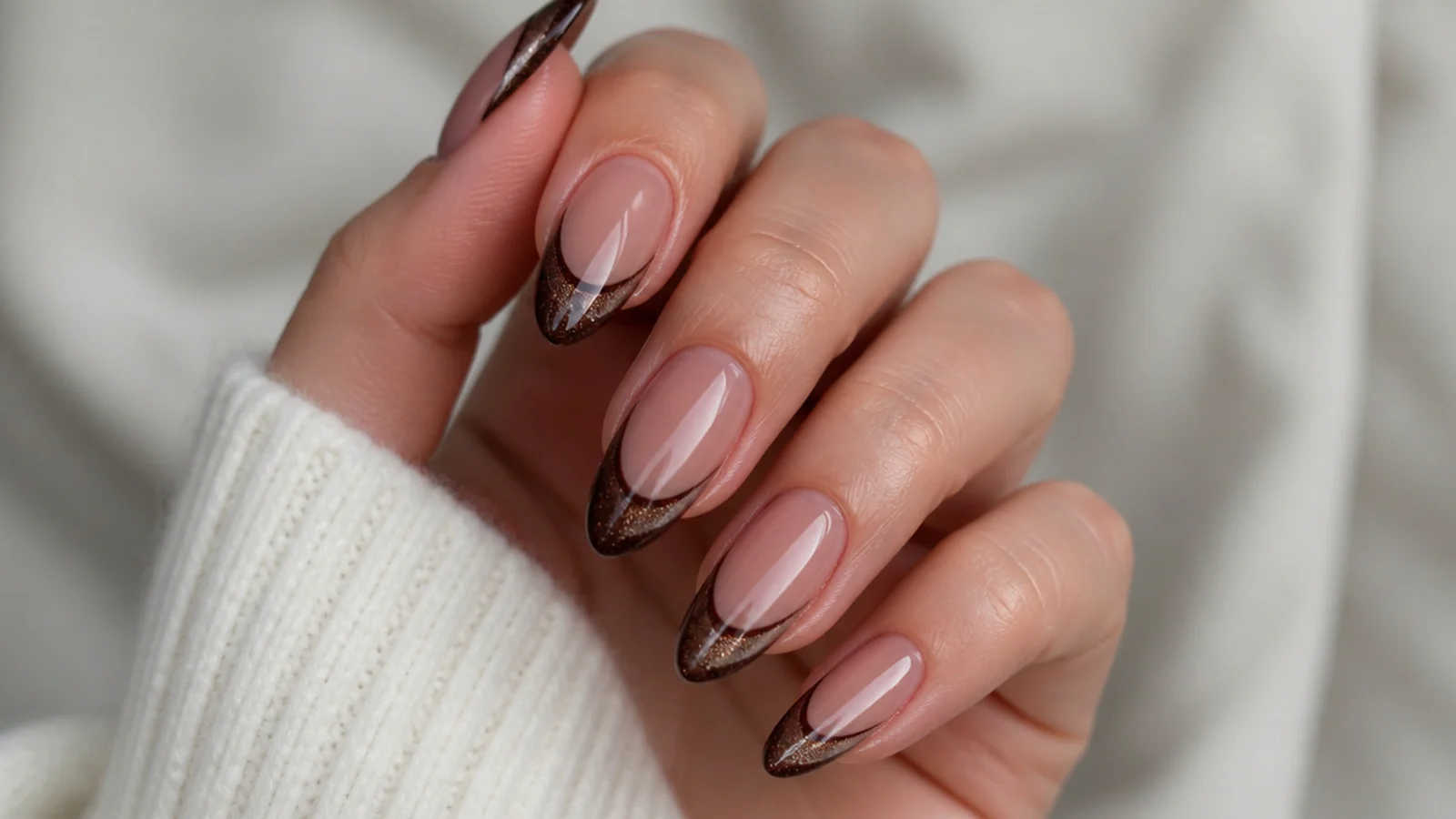 Rich cocoa brown magnetic cat eye french tip on long almond nails