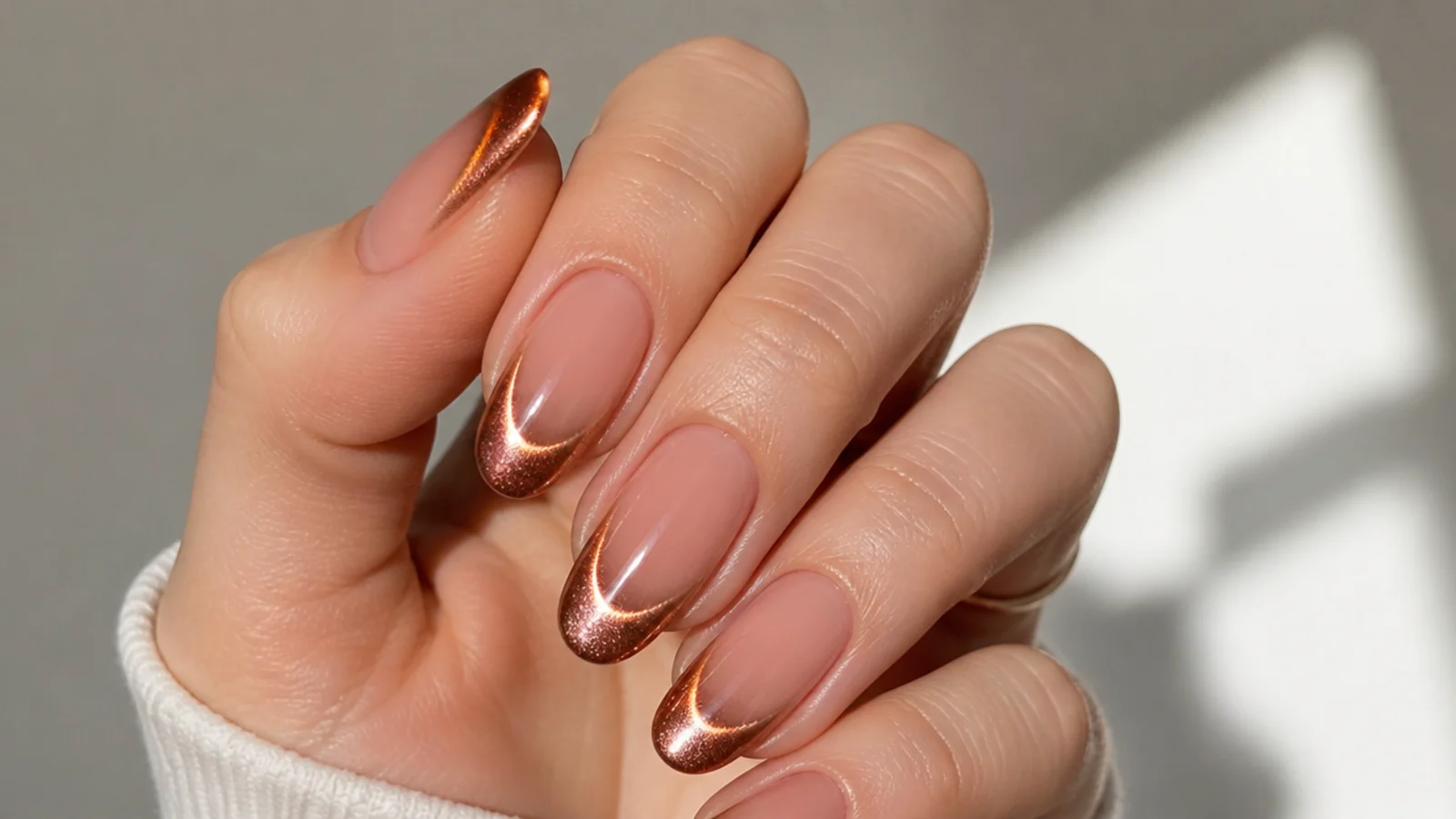 Rose gold chrome magnetic cat eye french tip nails with a warm reflective stripe