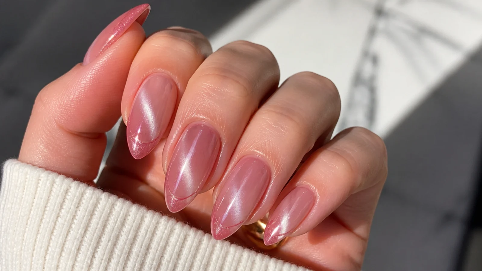 Nude to pink faded magnetic cat eye french tip nails with a soft light stripe