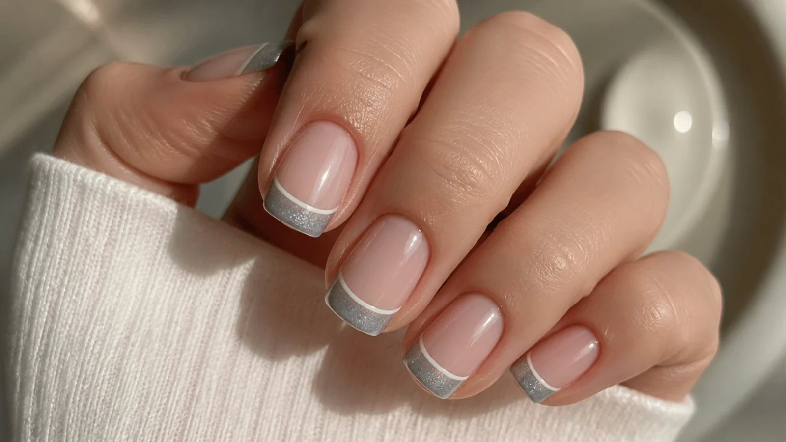 Short square nails with an icy silver magnetic cat eye french tip and straight light line