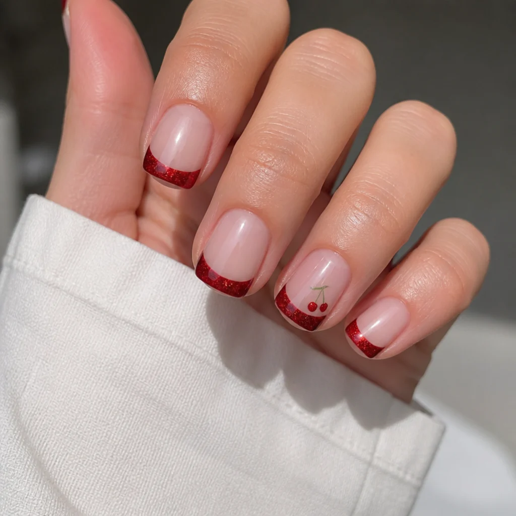 Short square nails with a bright cherry red magnetic cat eye french tip