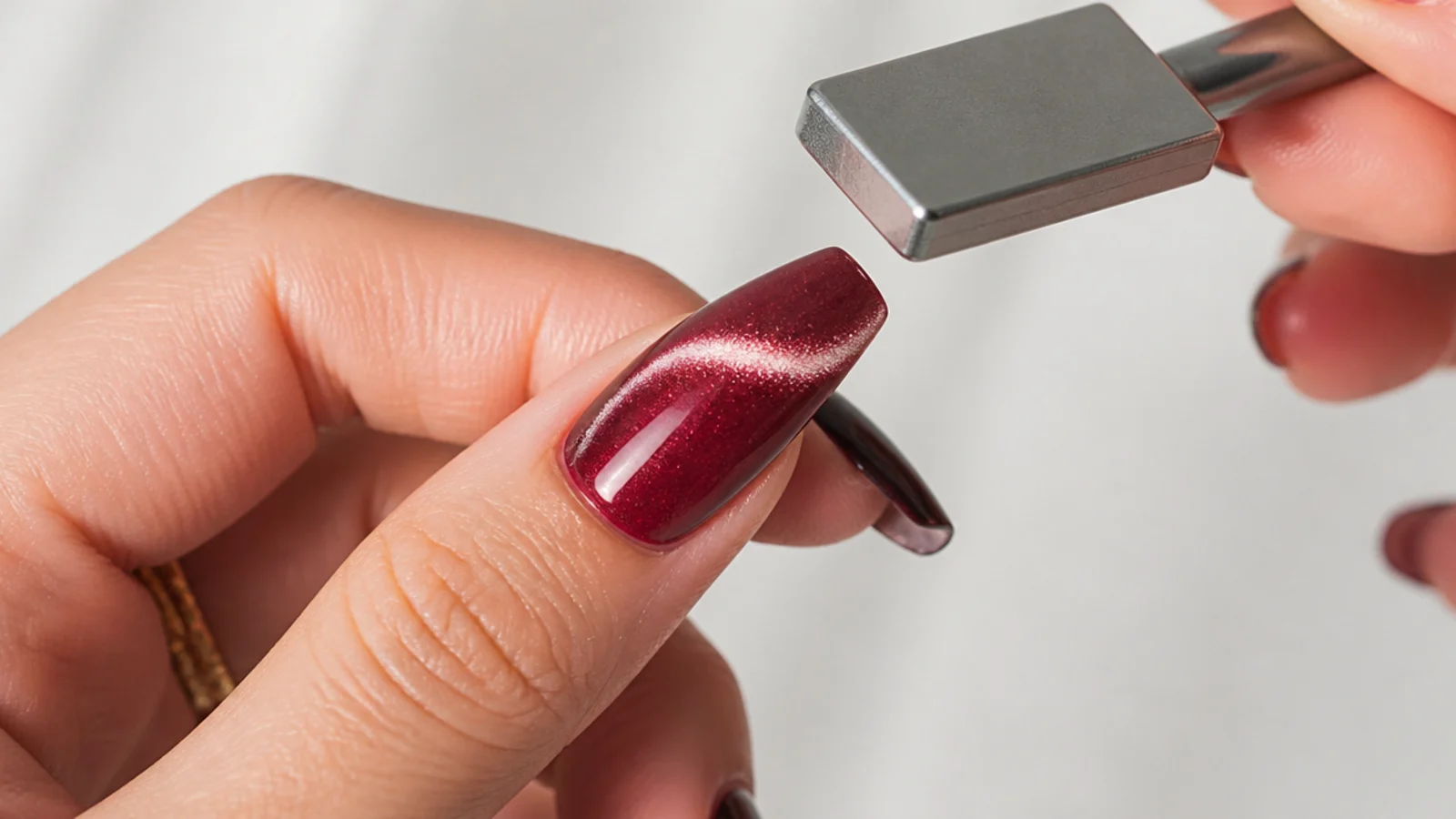 A magnet hovering over a wet magnetic gel tip pulling a bright light stripe