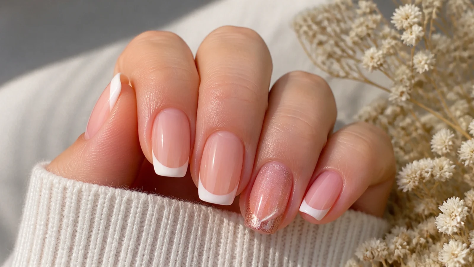 A flat white classic french tip beside a glowing magnetic cat eye french tip