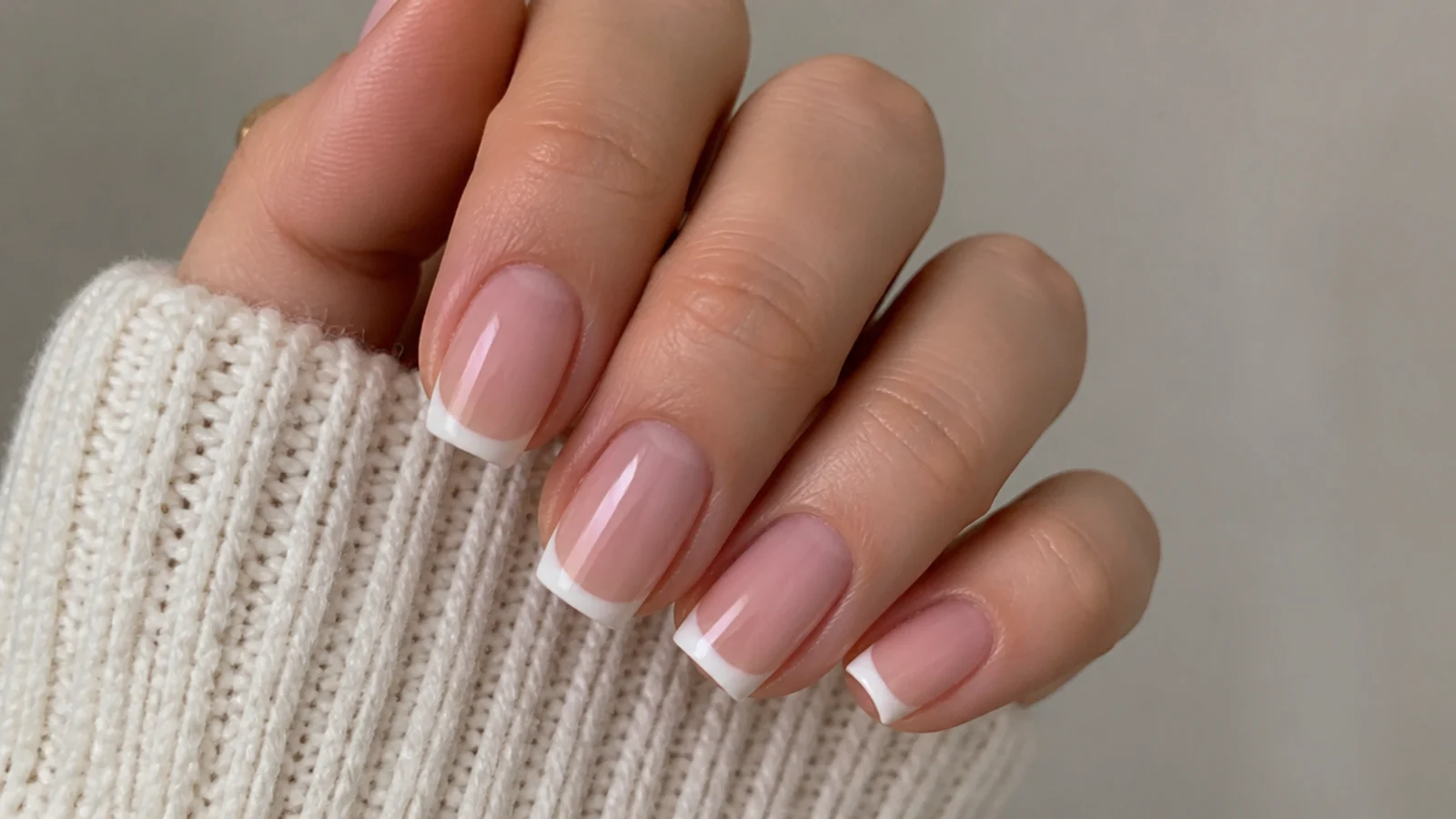 Sheer pink base with a soft white french tip on square nails
