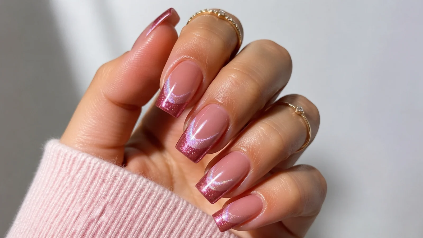 Pink magnetic cat eye french tip with a shimmering light band on square nails