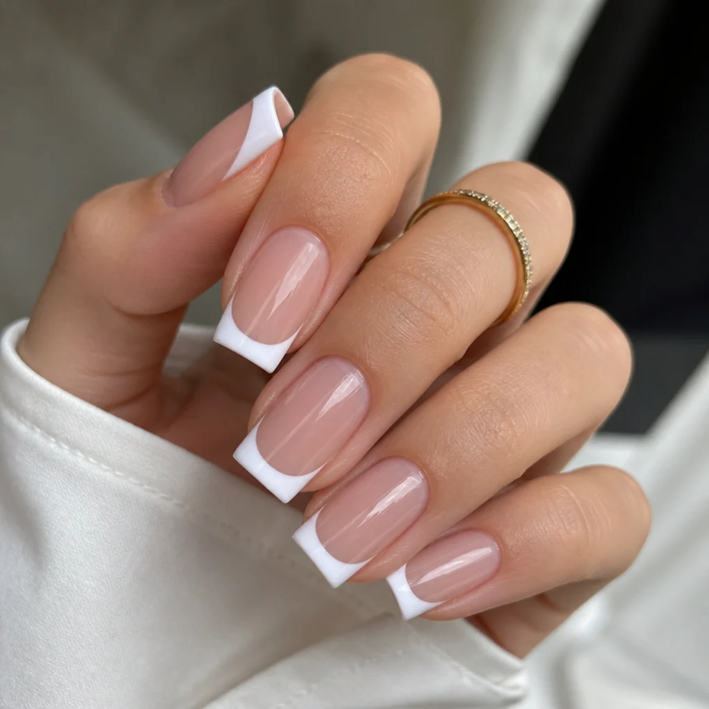 Sharp white french tip on square nails with a defined straight smile line