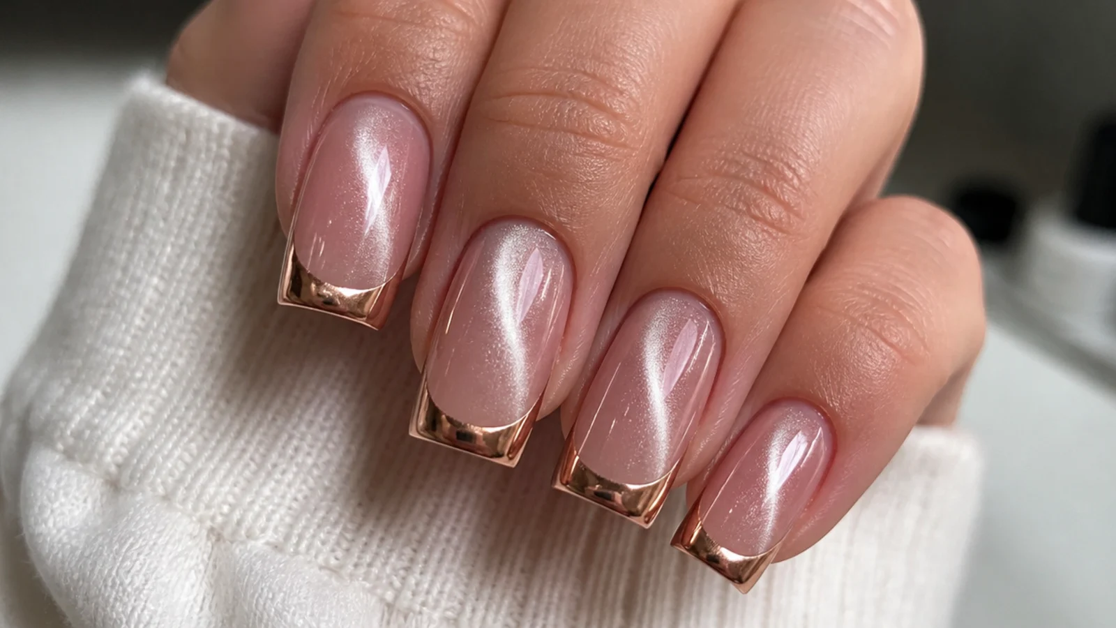 Chrome magnetic cat eye french tip with a reflective moving light band on square nails