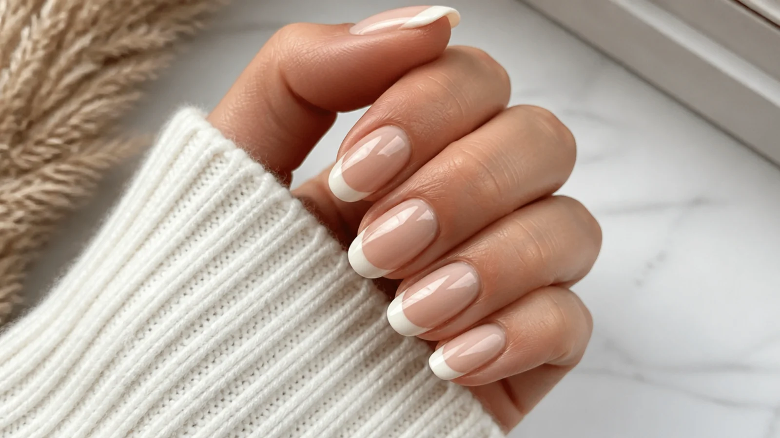 Natural nude base with a soft off-white french tip on short almond nails