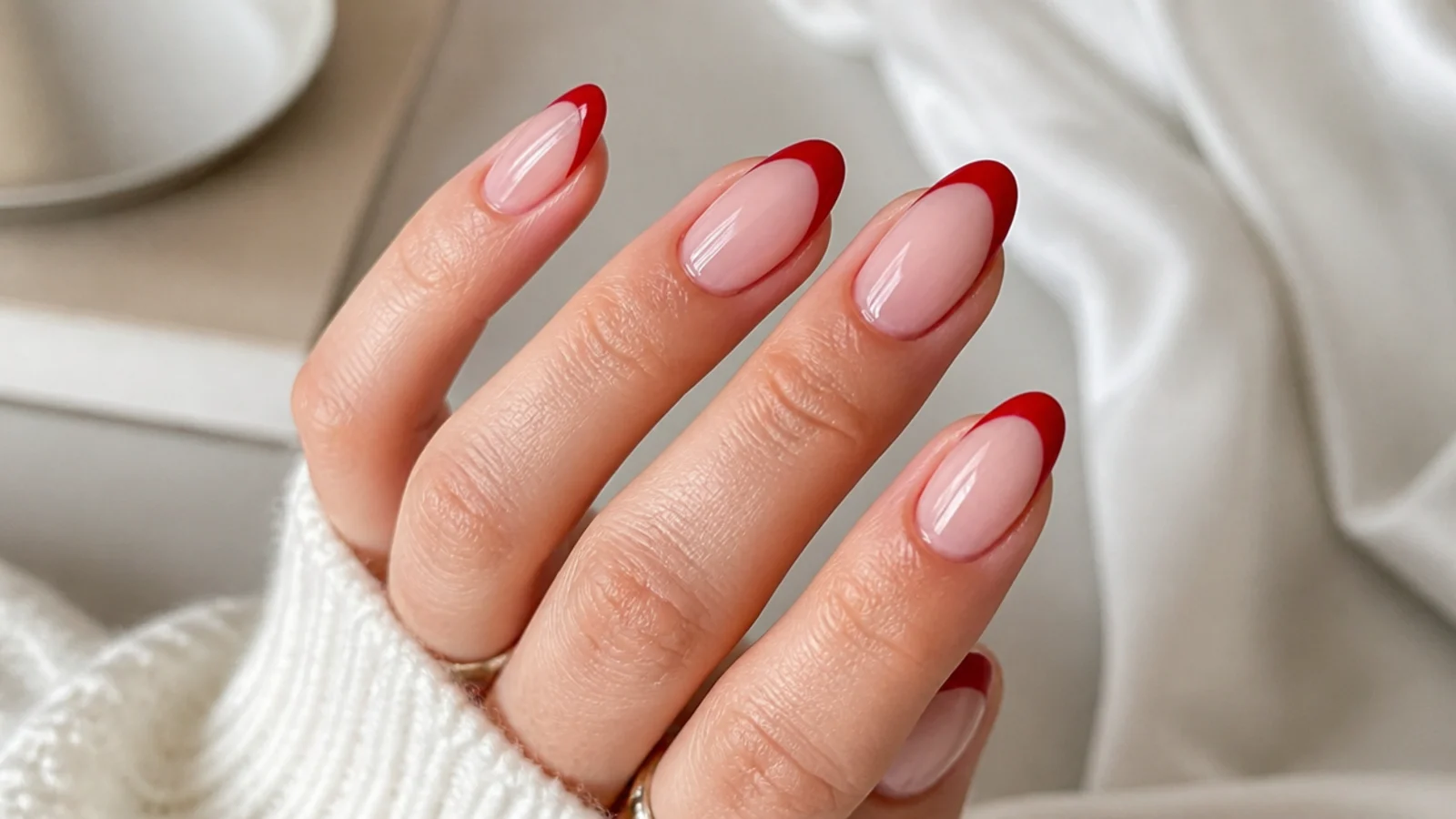 Sheer base with a glossy red french tip and no shimmer on almond nails