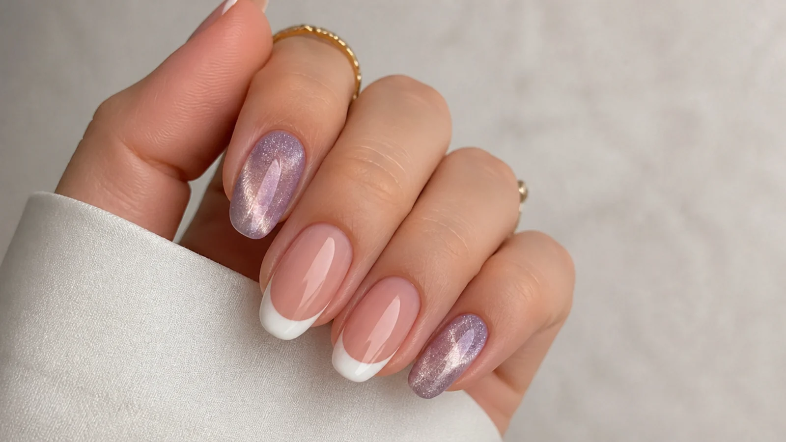 One hand with alternating cat eye magnetic tips and flat classic french tips