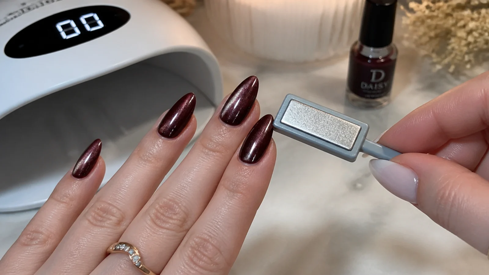 Magnetic cat eye gel, a magnet and a lamp beside a nail mid-magnet at home