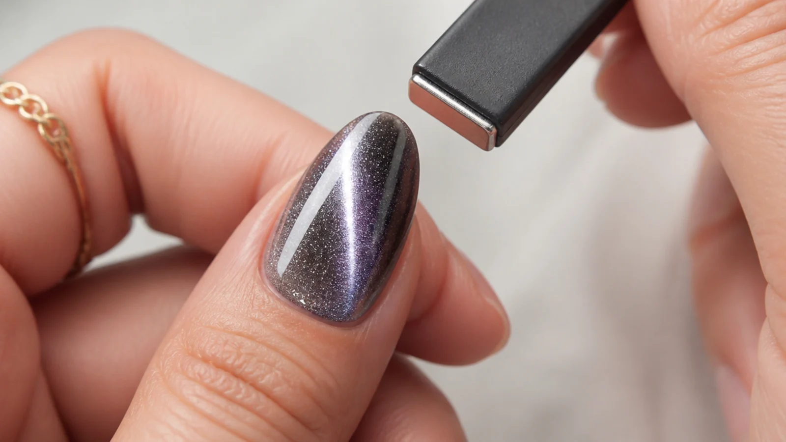 A magnet hovering above a wet magnetic gel tip pulling a bright light stripe