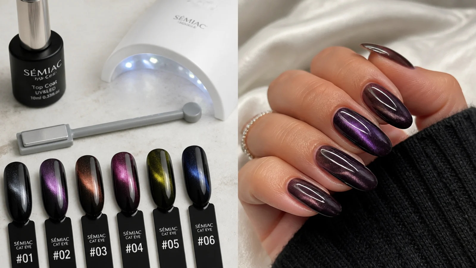 Flat lay of magnetic cat eye gels, a magnet, an LED lamp and top coat