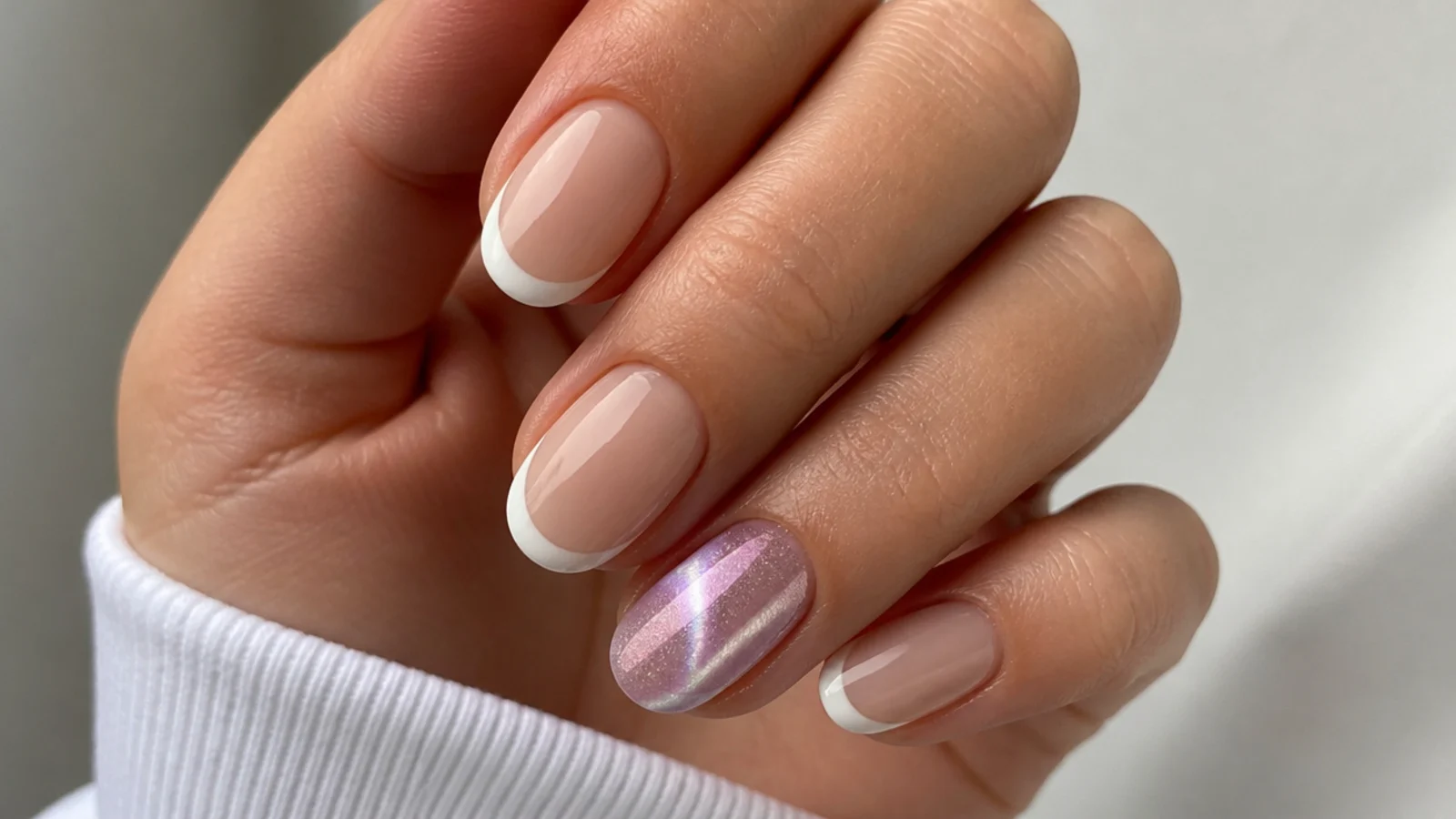 A glowing magnetic cat eye tip beside a flat crisp white classic french tip