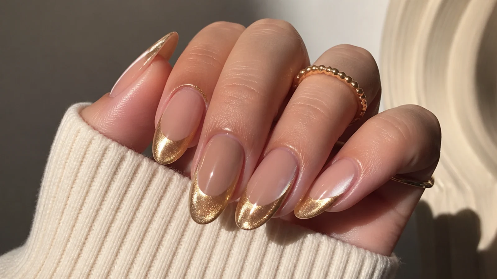 Champagne gold chrome cat eye french tip nails with a warm light band