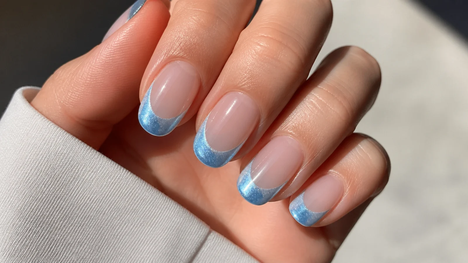 Icy blue chrome cat eye french tip nails with a frosty light band