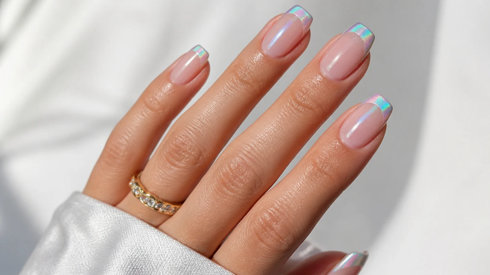 Holographic aurora chrome cat eye french tip nails shifting pink, blue and green