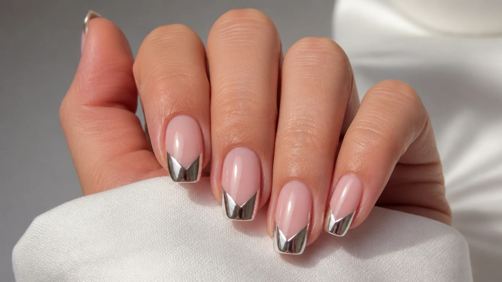 Silver chrome french tip nails with a deep V-shaped tip and centered light band