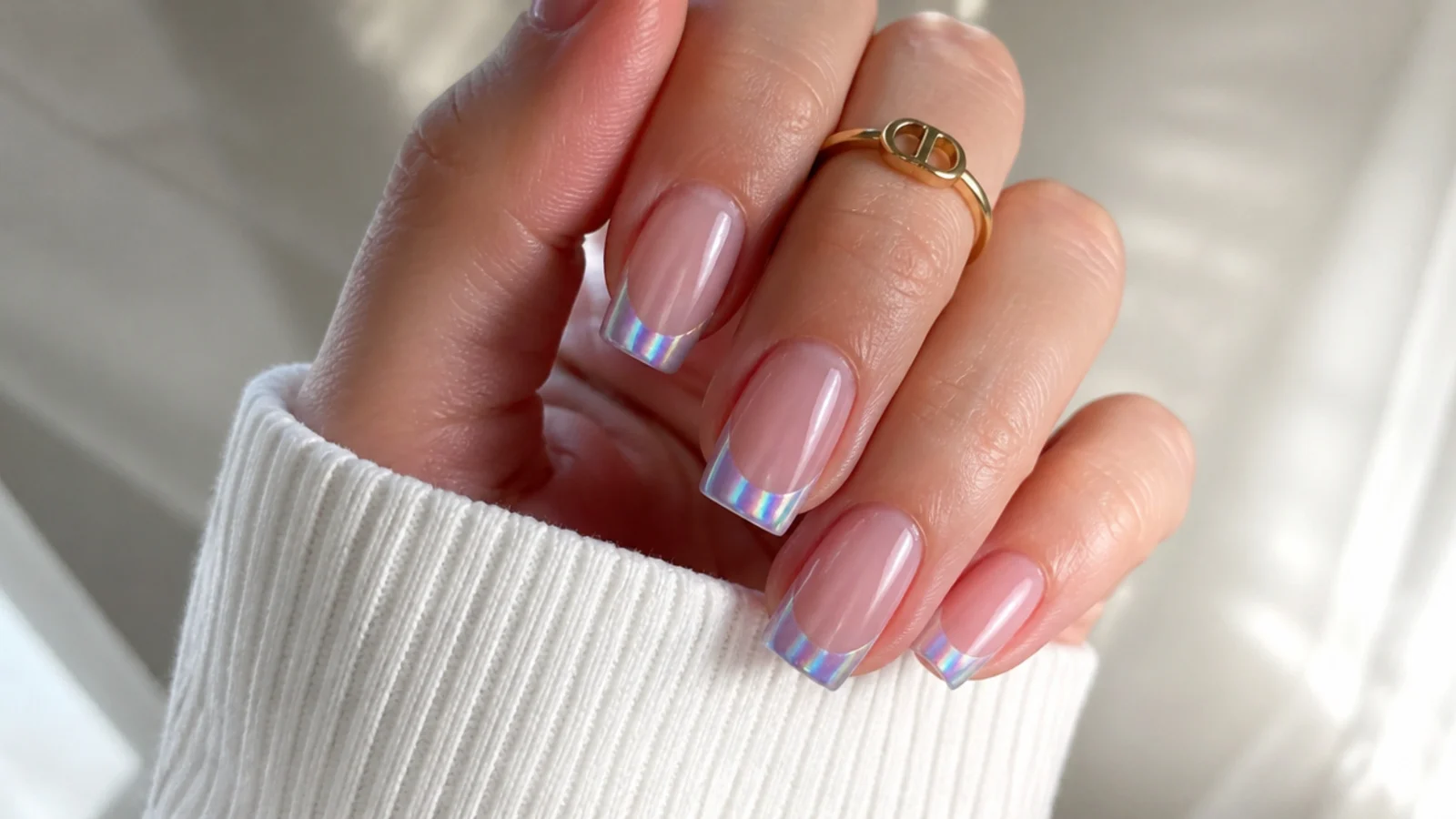 Pastel multichrome french tip nails shifting lilac, pink and blue with a light band