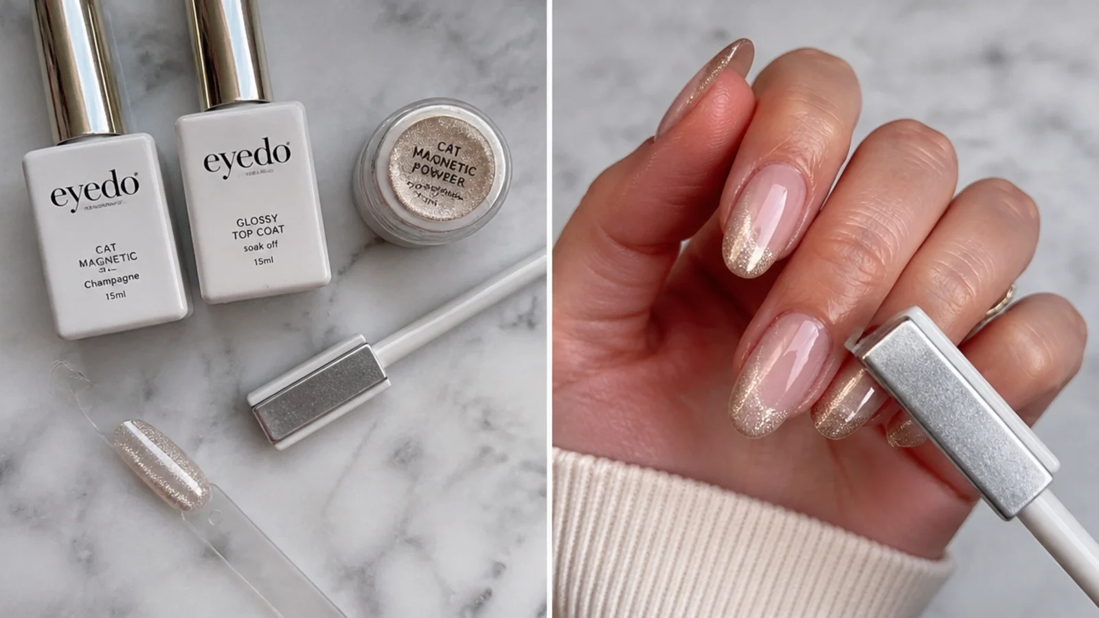 Chrome cat eye french tip supplies and a nail mid-magnet at home