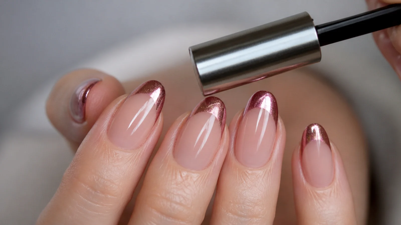 A magnet hovering over a wet chrome french tip pulling a bright light stripe