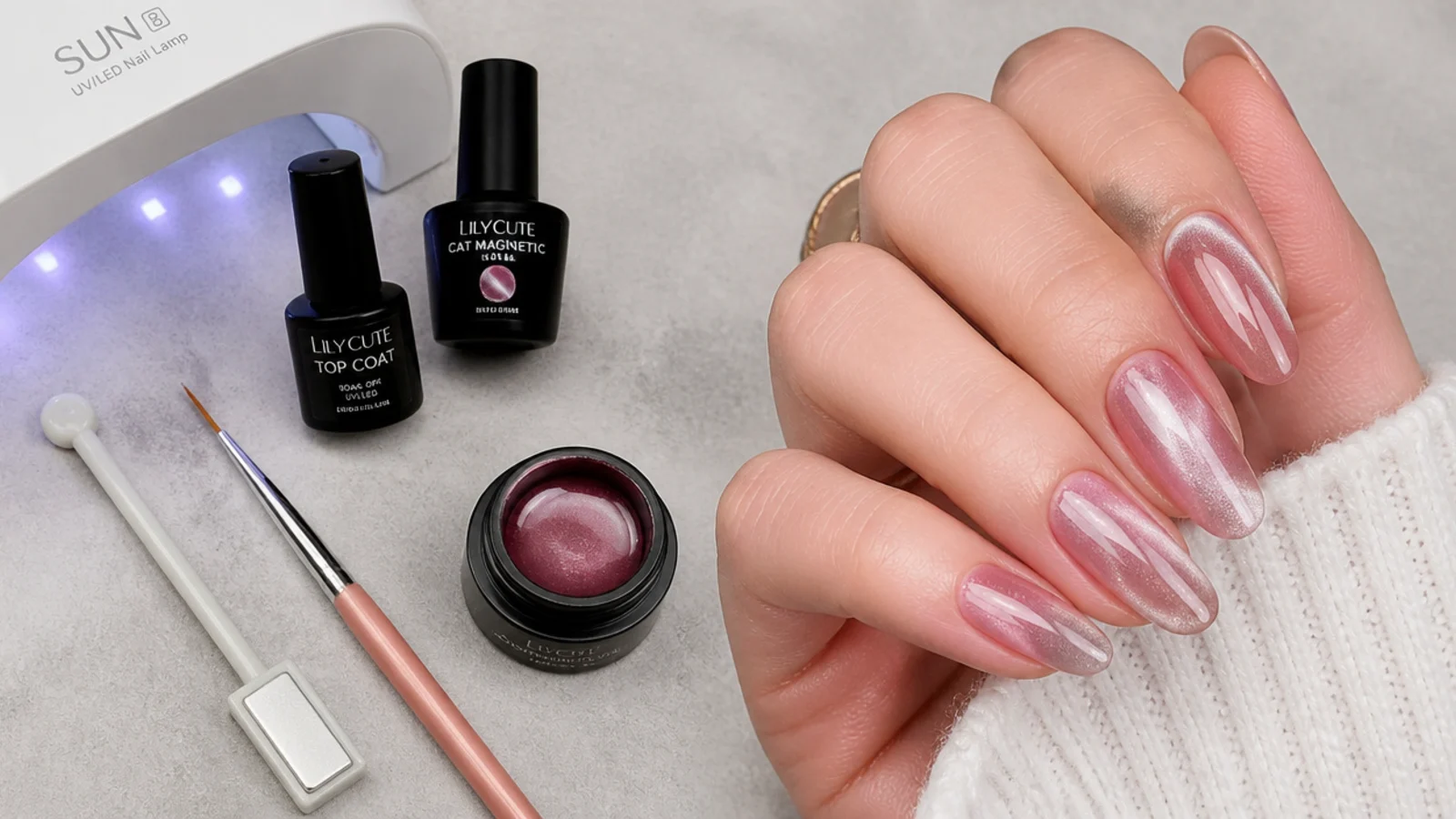 Flat lay of chrome cat eye gel, a magnet, LED lamp, liner brush and top coat