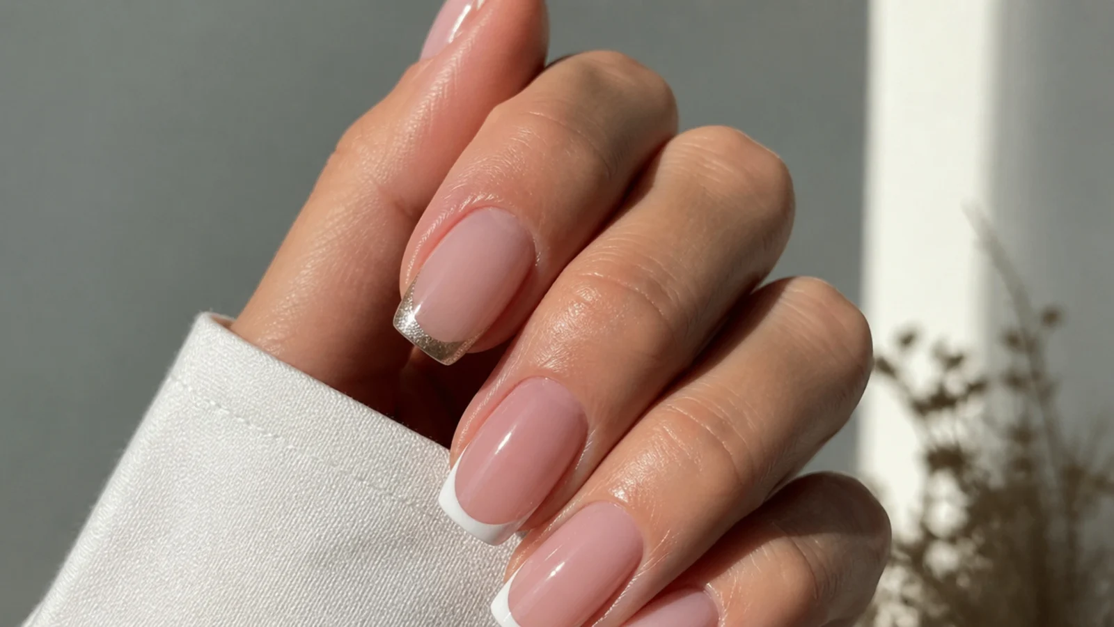 A chrome cat eye french tip beside a flat white classic french tip