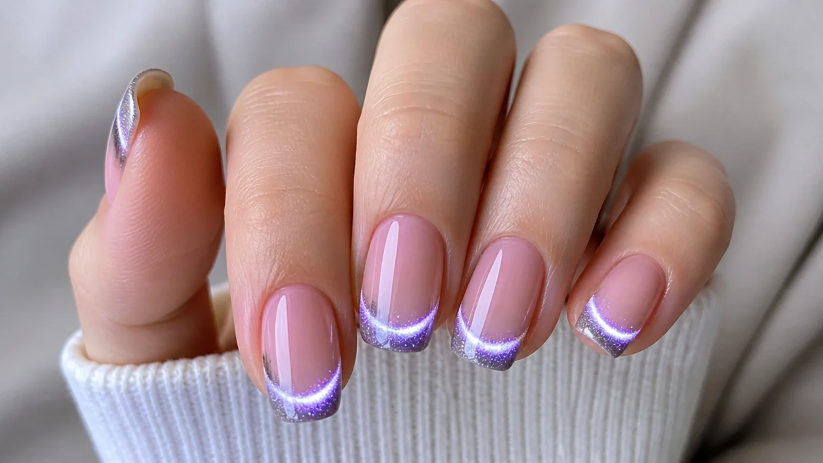 A french tip nail with a bright 3D cat eye stripe of light pulled across the tip