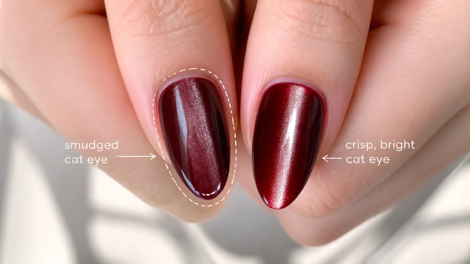 A smudged uneven cat eye stripe next to a crisp bright one for comparison
